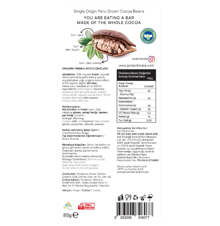 ORGANİK ÇİKOLATA-SÜTLÜ FINDIKLI 85 GR
