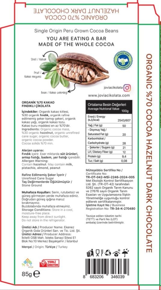 ORGANİK ÇİKOLATA-%70 BİTTER FINDIKLI 85 GR