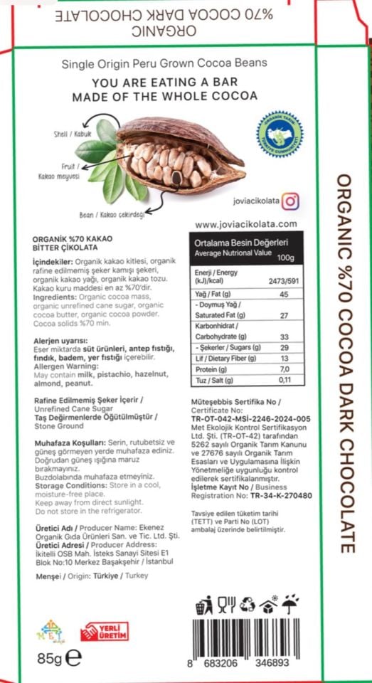ORGANİK ÇİKOLATA-%70 BİTTER SADE