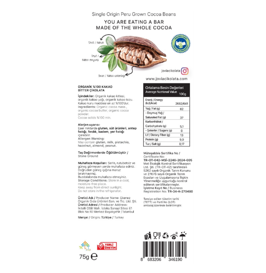ORGANİK ÇİKOLATA-%100 BİTTER SADE