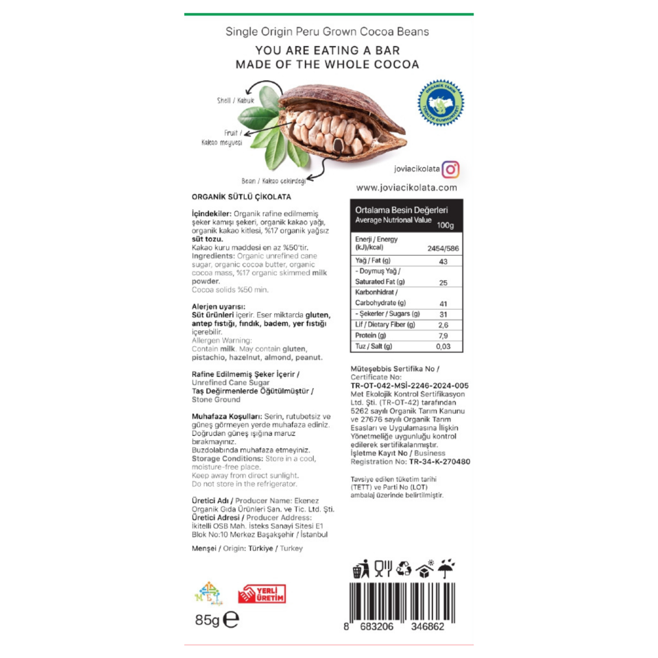 ORGANİK ÇİKOLATA-SÜTLÜ SADE 85 GR