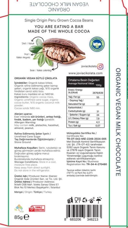 ORGANİK ÇİKOLATA- VEGAN SÜTLÜ