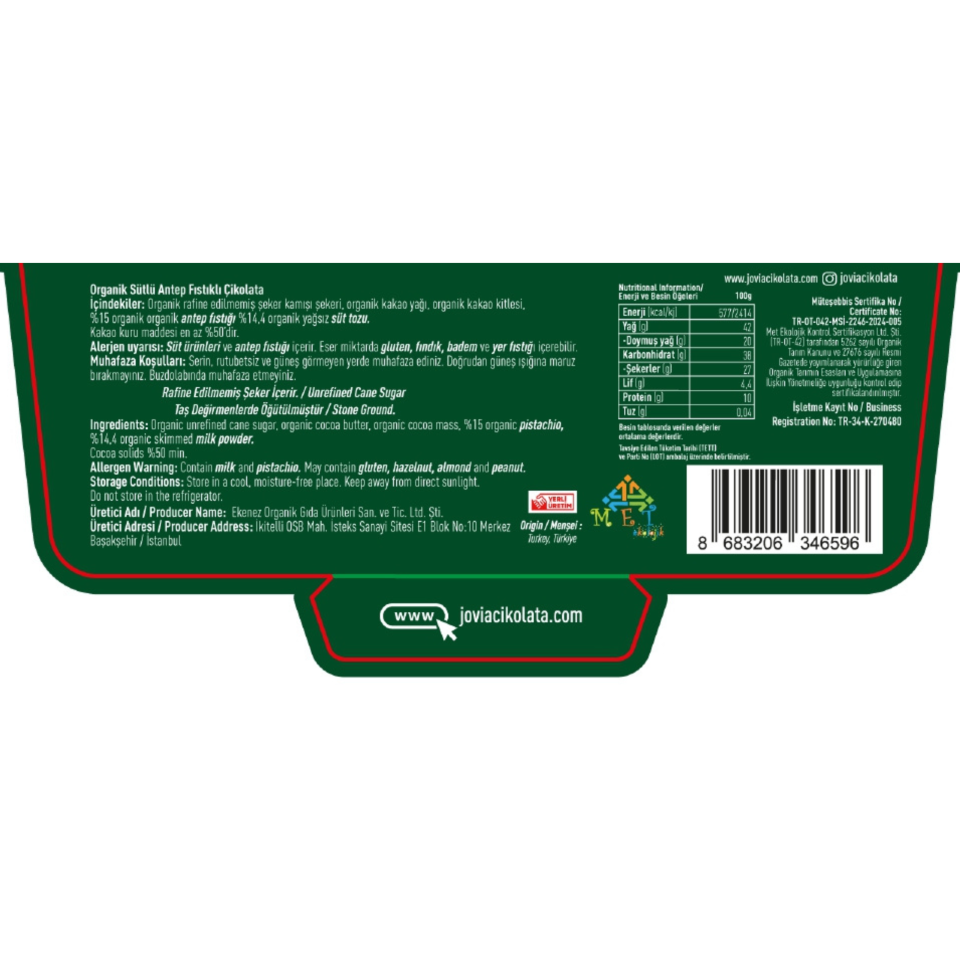 ORGANİK SÜTLÜ ÇİKOLATA-ANTEP FISTIKLI 40 GR