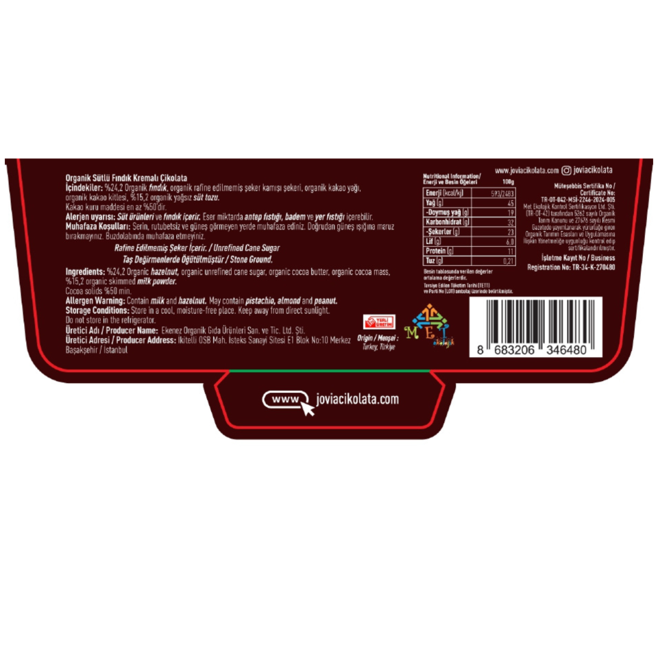 ORGANİK SÜTLÜ ÇİKOLATA-FINDIK KREMALI 40 GR
