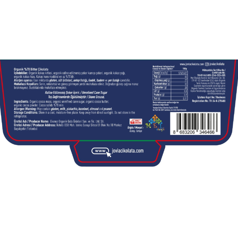 ORGANİK %70 BİTTER ÇİKOLATA 40 GR