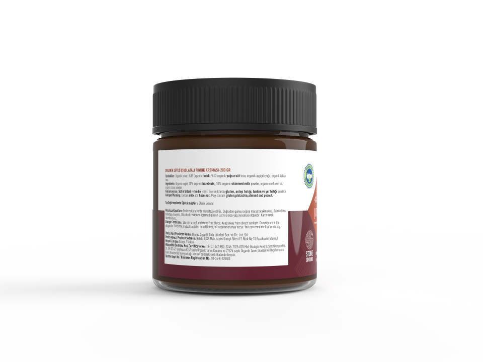 ORGANİK SÜTLÜ ÇİKOLATALI FINDIK KREMASI 200 gr
