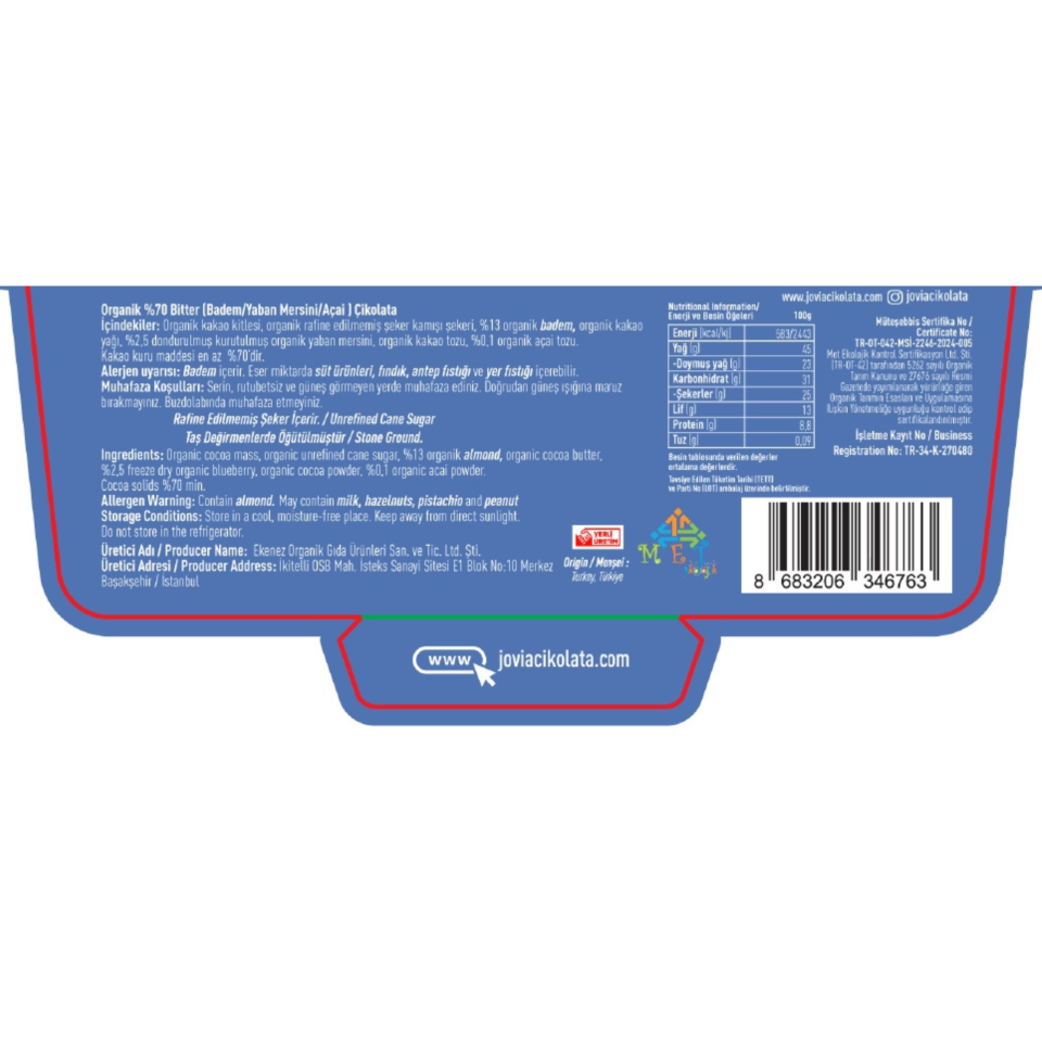 Organik %70 Bitter Çikolata-Yaban Mersini&Badem&Açai 40 GR