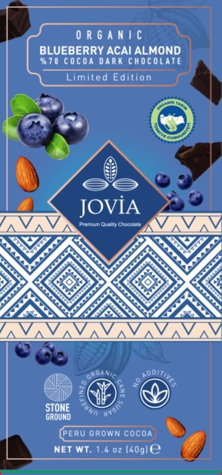 Organik %70 Bitter Çikolata-Yaban Mersini&Badem&Açai 40 GR