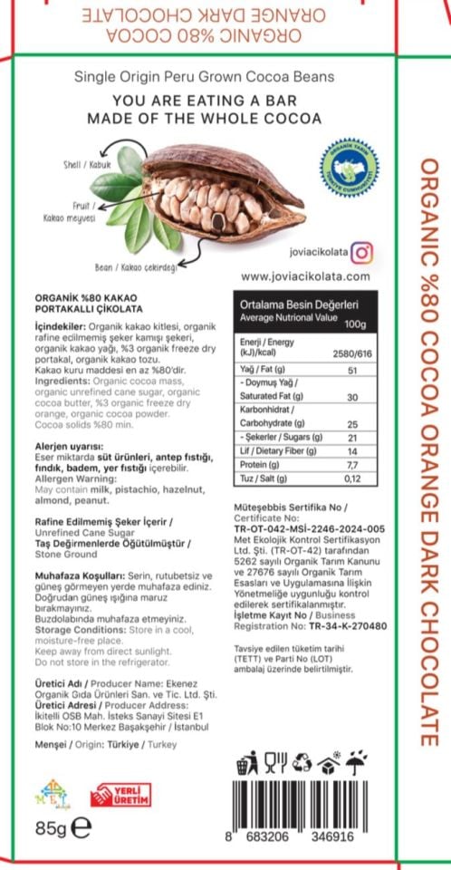 ORGANİK %80 PORTAKALLI ÇİKOLATA 85 GR