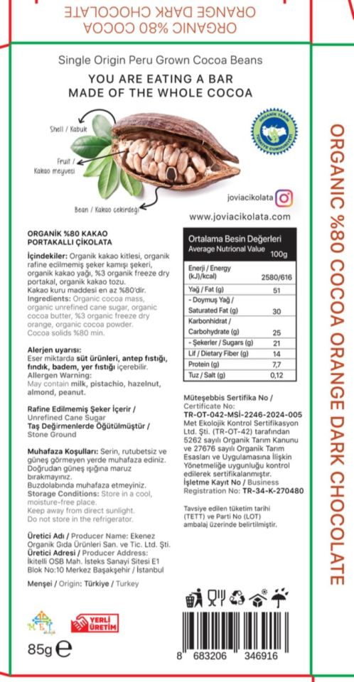 ORGANİK %80 PORTAKALLI ÇİKOLATA 85 GR