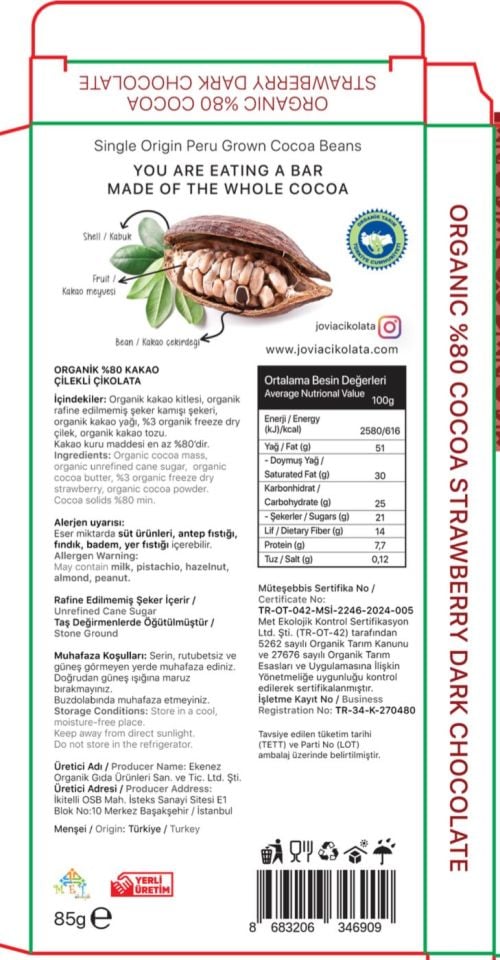 ORGANİK %80 BİTTER ÇİLEKLİ ÇİKOLATA 85 GR