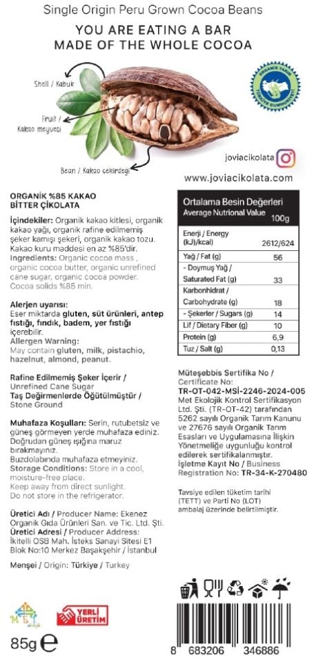 ORGANİK %85 BİTTER ÇİKOLATA 85 GR