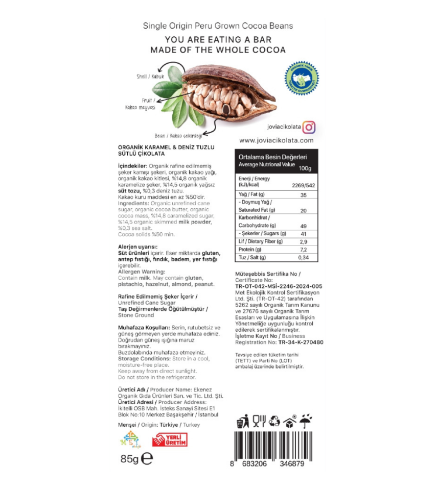 ORGANİK KARAMEL & DENİZ TUZLU SÜTLÜ ÇİKOLATA 85 GR