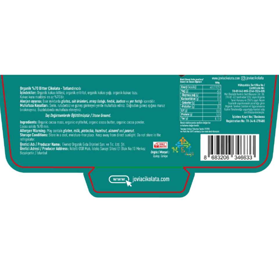 Organik %70 Bitter Çikolata Şekersiz 3'lü Avantajlı Paket