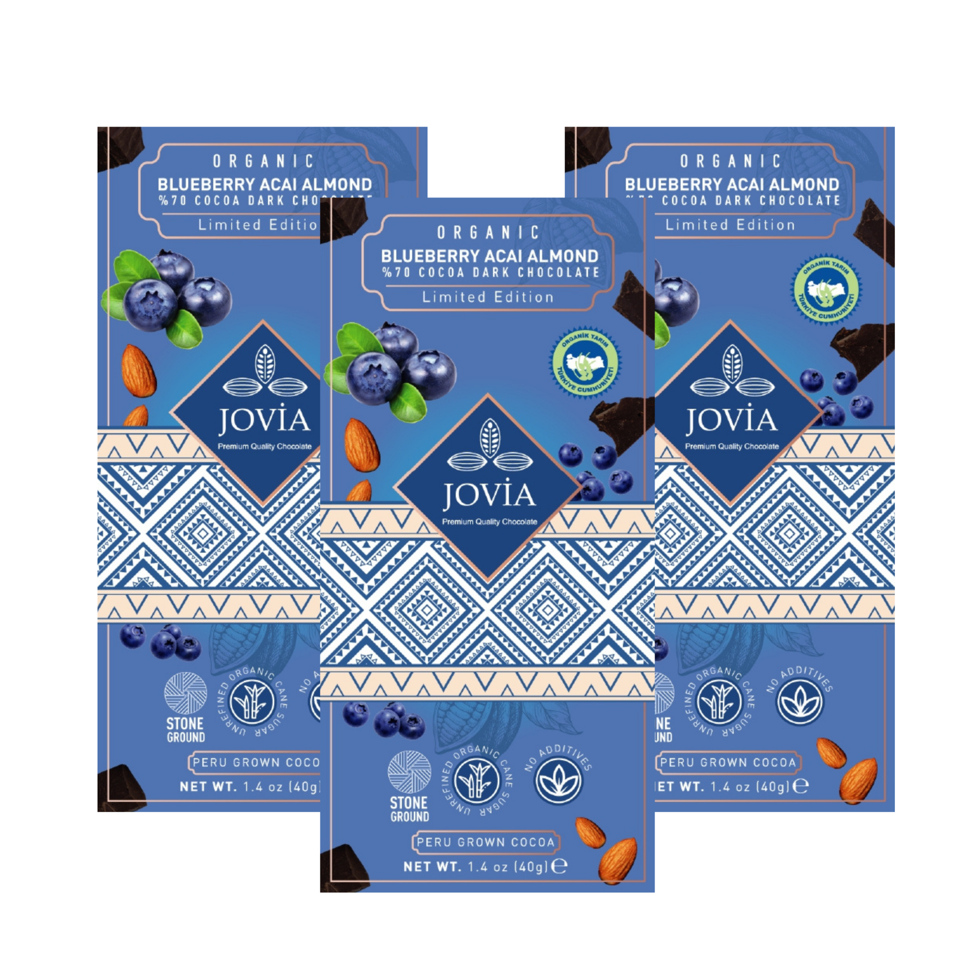 Organik %70 Bitter Çikolata-Yaban Mersini&Badem&Açai 3'lü Avantajlı Paket