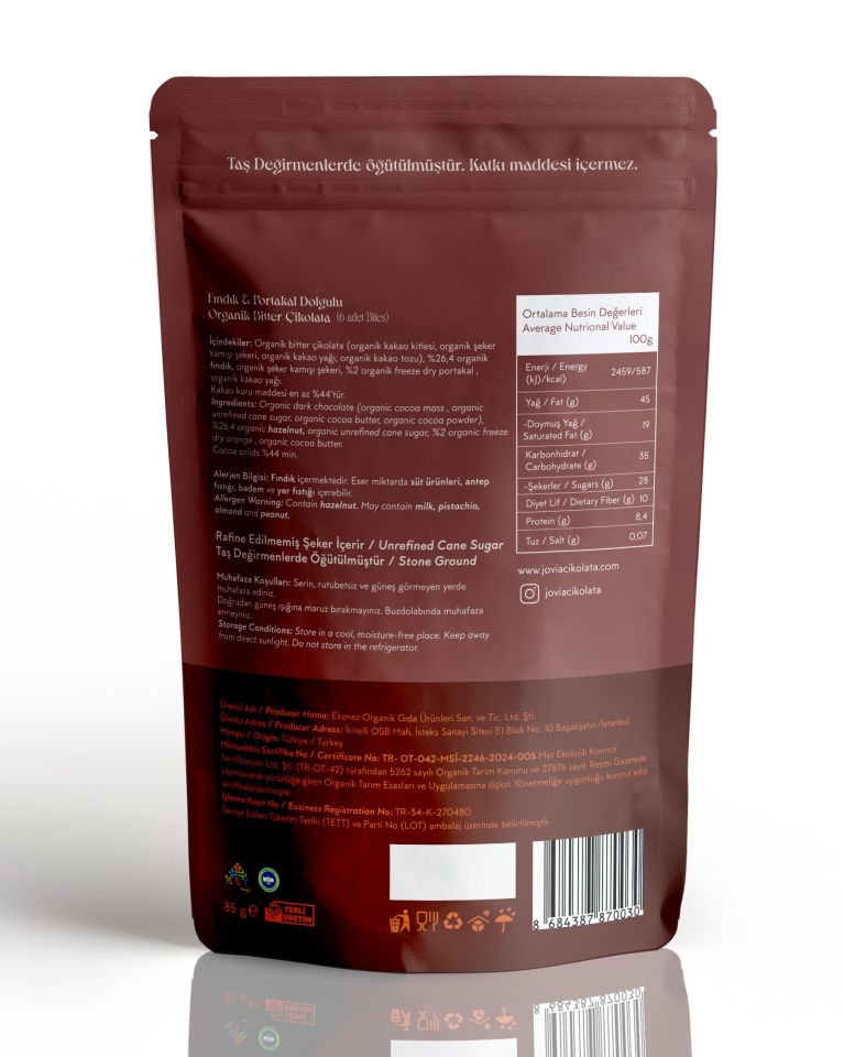 Fındık ve Portakal dolgulu Organik Bitter Çikolata