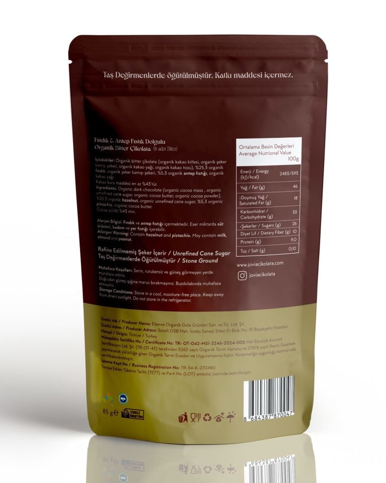 Fındık ve Antep Fıstık dolgulu Organik Bitter Çikolata