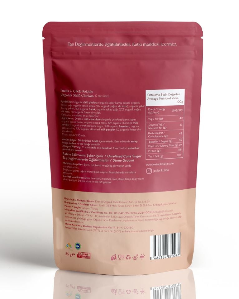 Fındık ve Çilek dolgulu Organik Sütlü Çikolata
