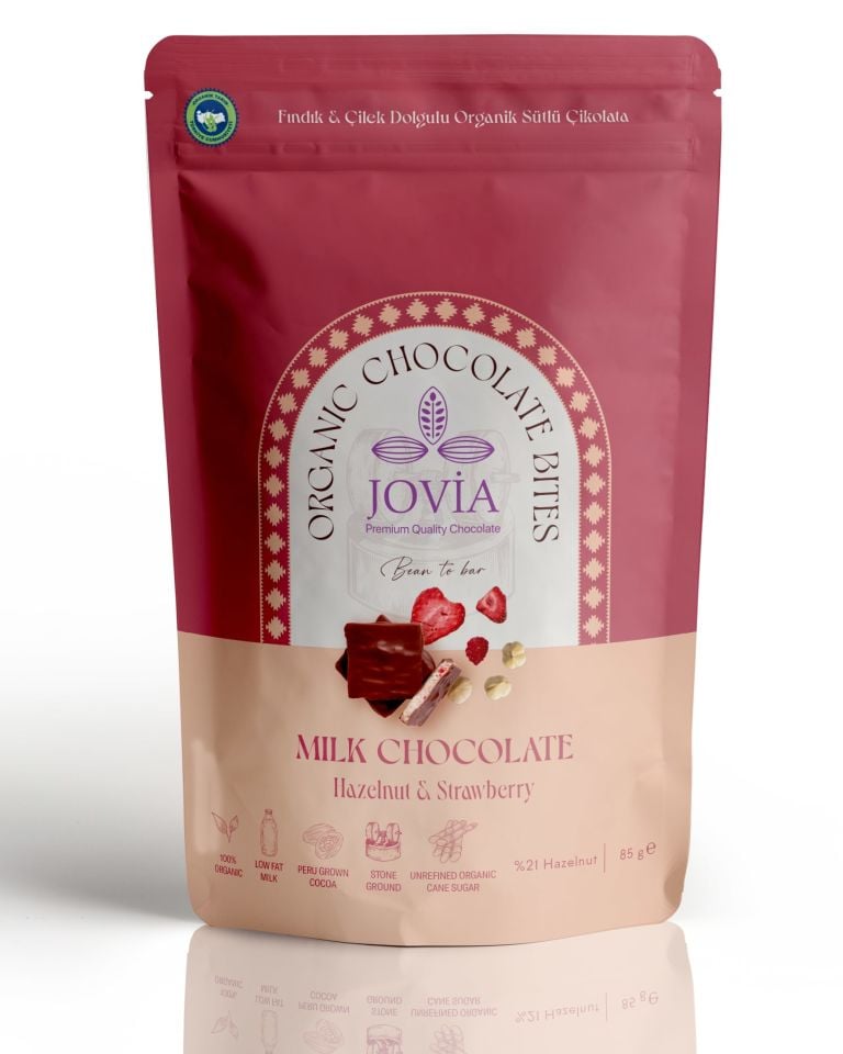 Fındık ve Çilek dolgulu Organik Sütlü Çikolata