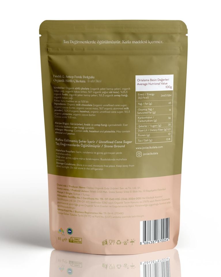 Fındık ve Antep Fıstık dolgulu Organik Sütlü Çikolata