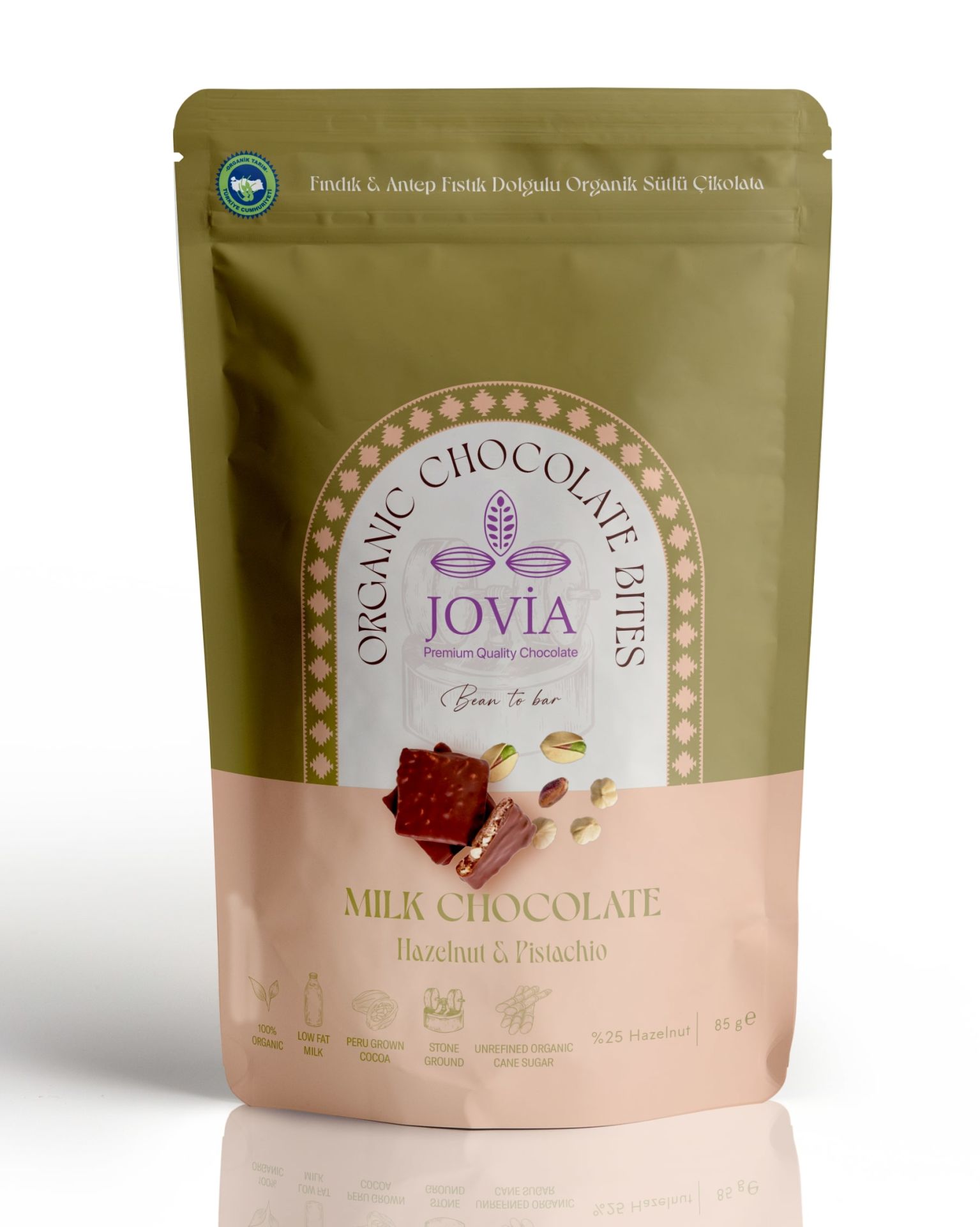 Fındık ve Antep Fıstık dolgulu Organik Sütlü Çikolata